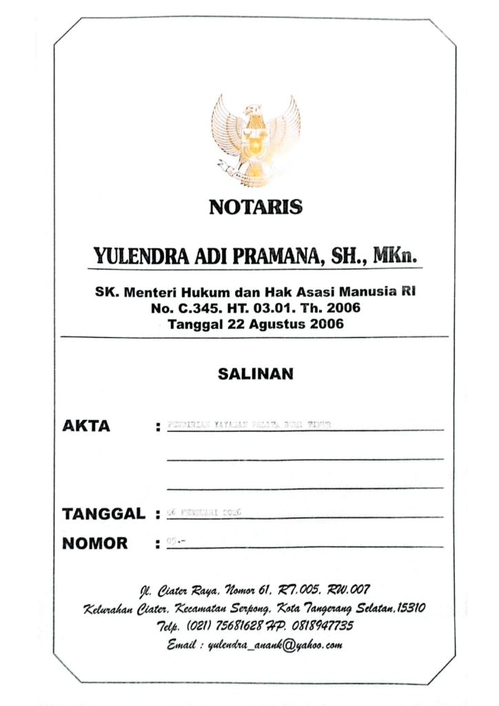 Halaman sampul salinan Akta Pendirian Yayasan Pelita Bumi Timur oleh Notaris Yulendra Adi Pramana, S.H., M.Kn., tertanggal 6 Februari 2026.